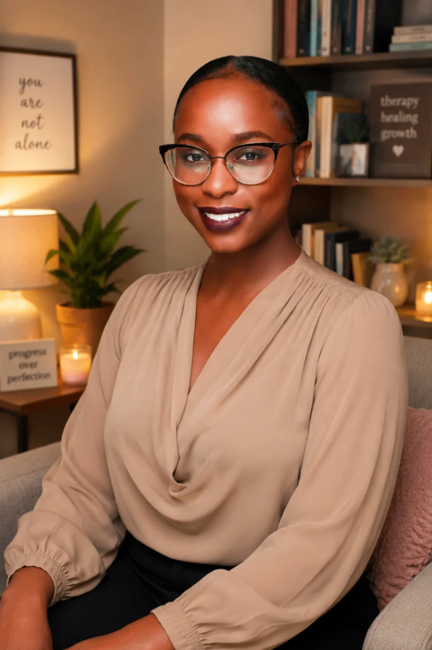 Faith Williams, Licensed Professional Counselor (LPC) in Virginia, seated in a warmly lit room